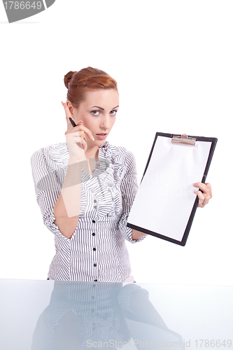 Image of young woman with clipboard isolated on white