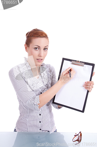 Image of young woman with clipboard isolated on white