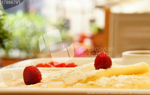 Image of Tasty breakfast with pancake, raspberry, strawberry 