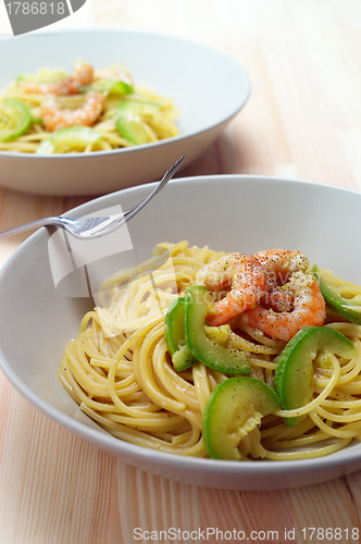 Image of spaghetti pasta with fresh shrimps and zucchini sauce