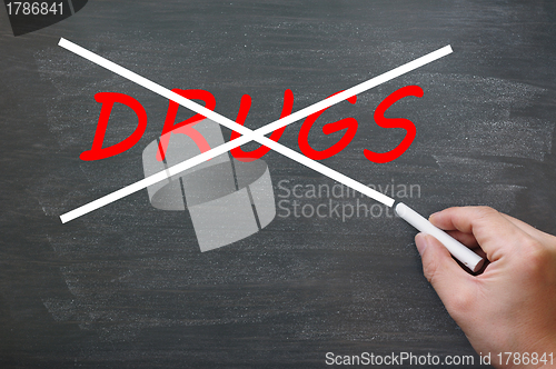 Image of Say no to drugs - crossing out drugs on a smudged chalkboard 