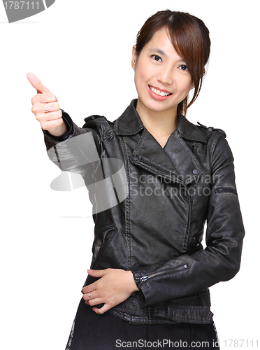 Image of asian woman with thumb up over white background