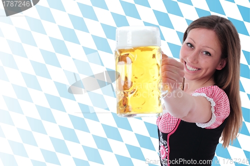 Image of Girl with beer pint and diamond pattern horizontal