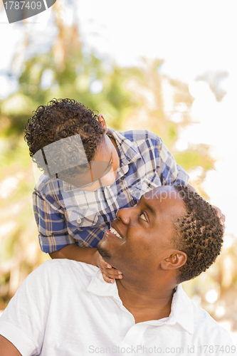 Image of Mixed Race Father and Son Playing Piggyback in Park