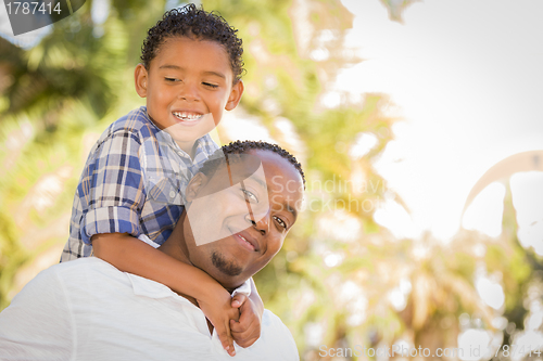 Image of Mixed Race Father and Son Playing Piggyback in Park