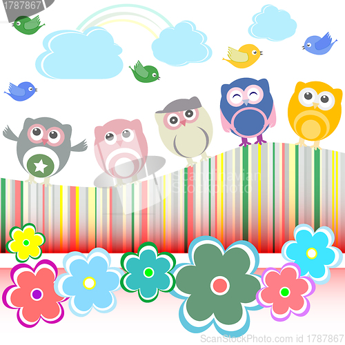 Image of Vector set - owls, birds, flowers, cloud and rainbow