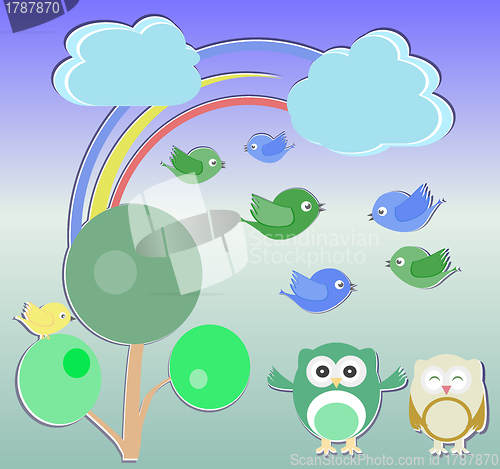 Image of Background with owl, birds and trees