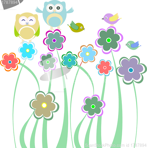 Image of Cute kids background with flowers birds owls