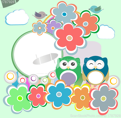 Image of Background with owl, flowers and birds