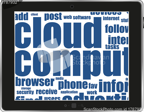 Image of tablet pc and words on business themes. Vector