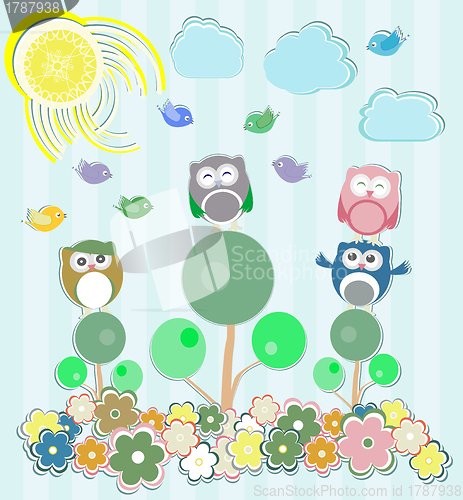 Image of Background with flowers and owls sitting on the tree