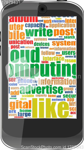 Image of Touchscreen smartphone with social word cloud isolated on white