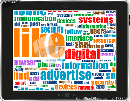 Image of social network and connected words on touch-screen tablet-pc