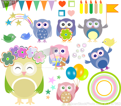 Image of Set of vector birthday party elements with cute owls