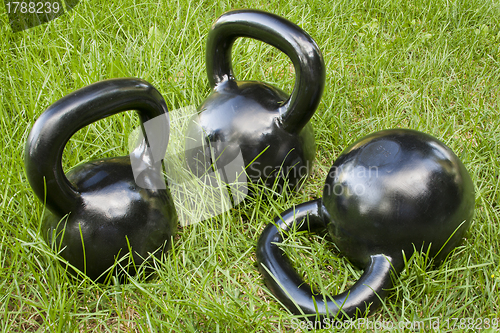 Image of heavy kettlebells in grass