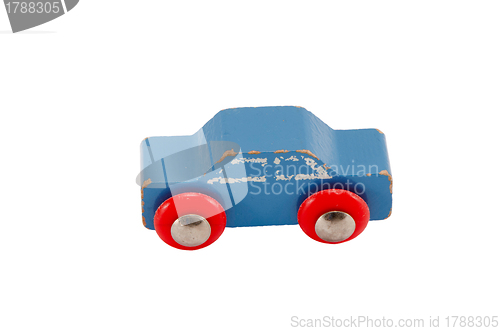 Image of Wooden blue vintage toy car isolated on white 
