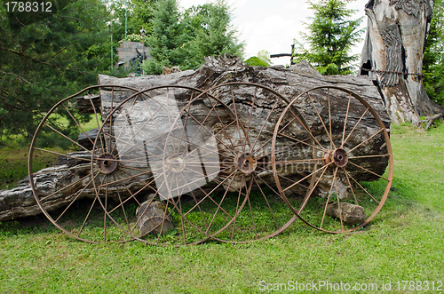 Image of Old rusty carriage wheels lean to old tree trunk 