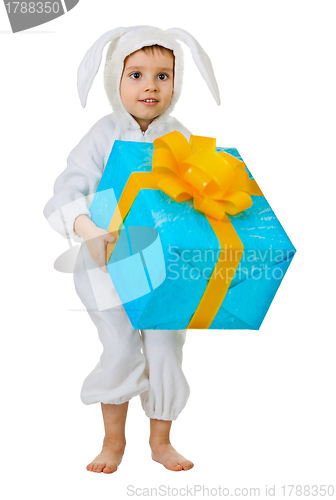 Image of Child dressed as a rabbit with a gift