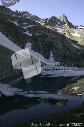 Image of Lake in mountains. Alpine latitudes at different times of the ye