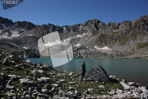 Image of Lake in mountains. Alpine latitudes at different times of the ye