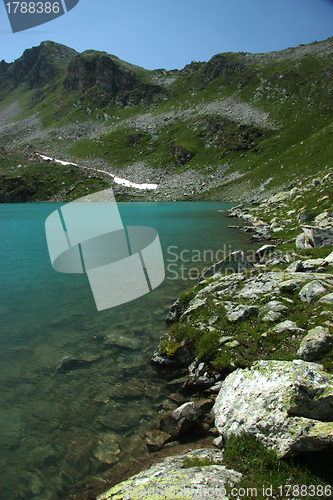 Image of Lake in mountains. Alpine latitudes at different times of the ye