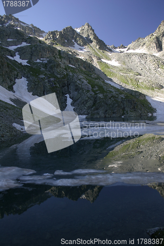 Image of Lake in mountains. Alpine latitudes at different times of the ye
