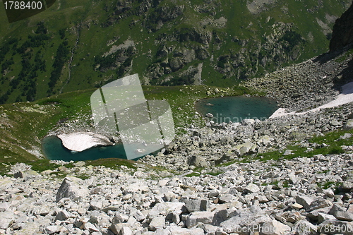 Image of Lakes in mountains. Alpine latitudes at different times of the y