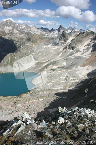 Image of Lake in mountains. Alpine latitudes at different times of the ye