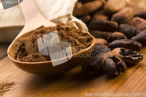 Image of Cocoa (cacao) beans on natural wooden table
