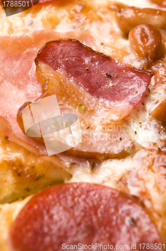 Image of Italian pizza with bacon, salami and mozzarella cheese