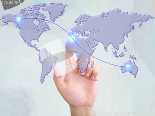 Image of Hands with world mail delivery on world map background 