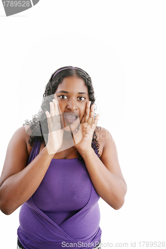 Image of excited scared, terrified black woman, young african girl surpri