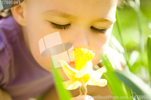 Image of Portrait of a cute little girl smelling flower