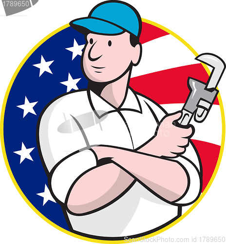 Image of American Plumber Worker With Adjustable Wrench 