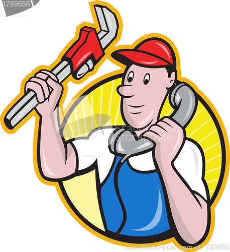 Image of Plumber Worker With Adjustable Wrench Phone