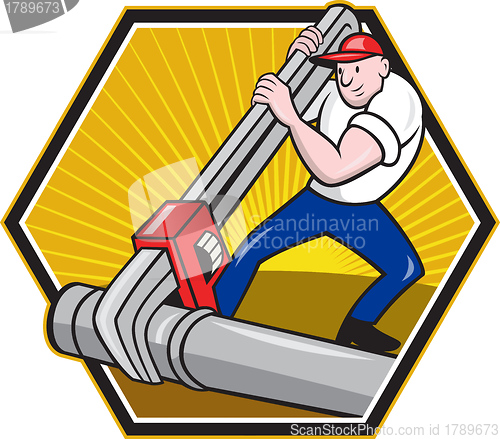 Image of Plumber Worker With Adjustable Wrench Cartoon