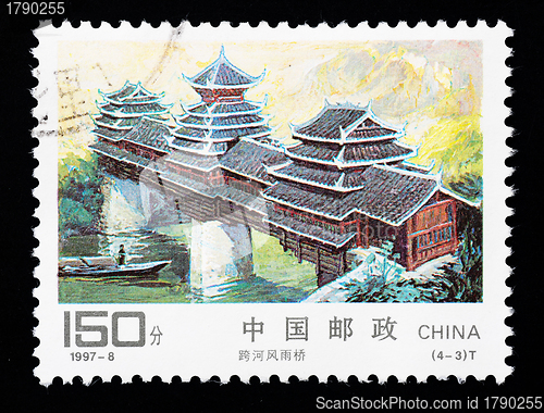 Image of CHINA - CIRCA 1997: A Stamp printed in China shows a traditional covered bridge, circa 1997