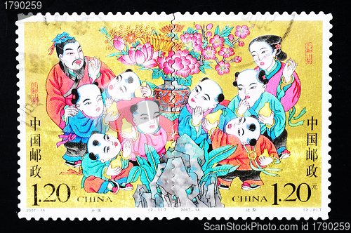 Image of CHINA - CIRCA 2007: A Stamp printed in China shows a historic story of sharing pears, circa 2007