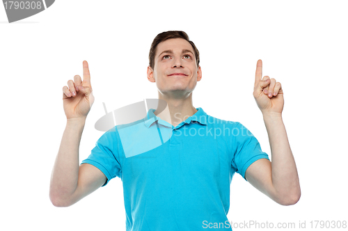 Image of Caucasian man point fingers up
