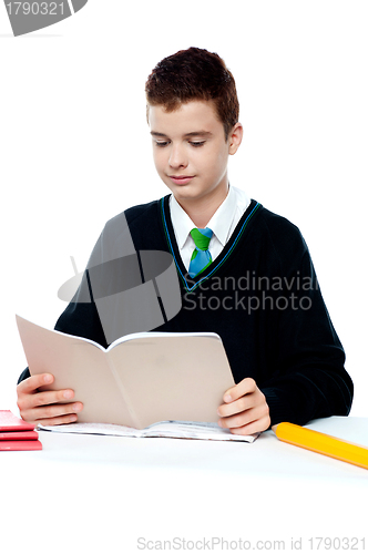 Image of School boy reading from notebook