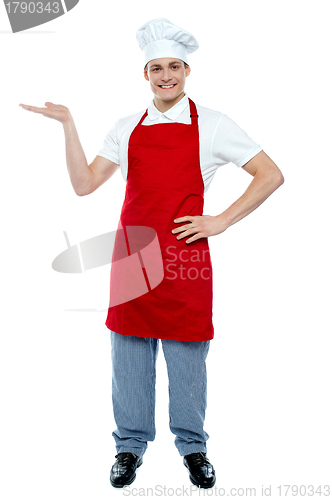 Image of Handsome chef presenting copy space