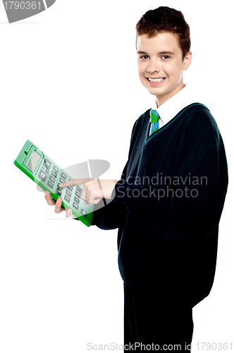 Image of Charming smiling school kid operating calculator