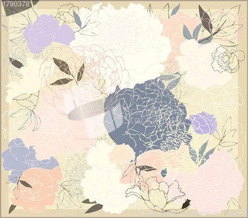 Image of Greeting card with peony. Illustration peony. Beautiful decorative framework with flower.