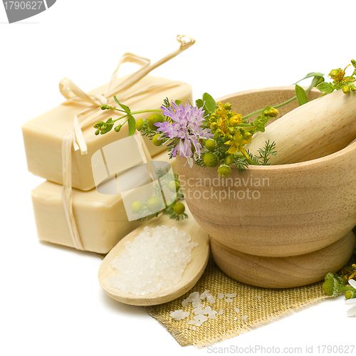 Image of Natural cosmetics - soap, bath salt and medicine herbs