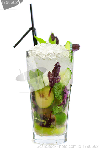 Image of Mojito cocktail with cucumber and mint isolated on white