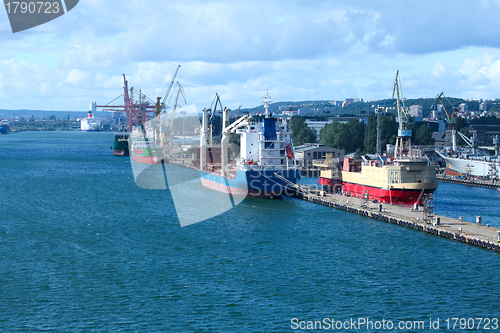 Image of Port, dock and ships in city - logistics