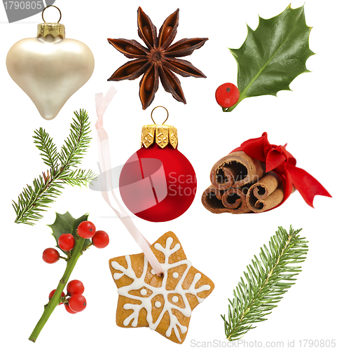 Image of Set of Christmas design elements - holly, red ball, green spruce