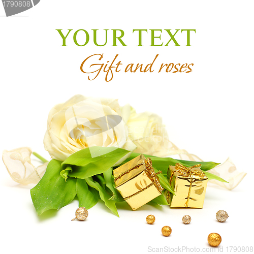 Image of Gift, rose flowers and gold ribbon on white - luxury background