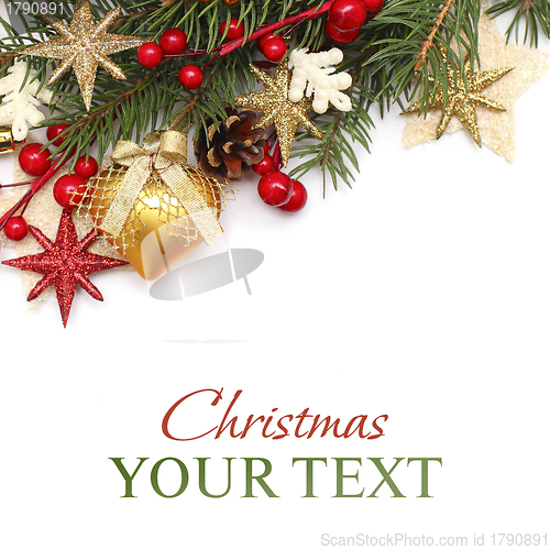 Image of CChristmas background with gold Xmas decoration on white