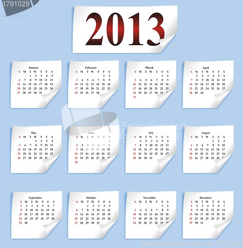 Image of vector calendar 2013 on small white paper 
